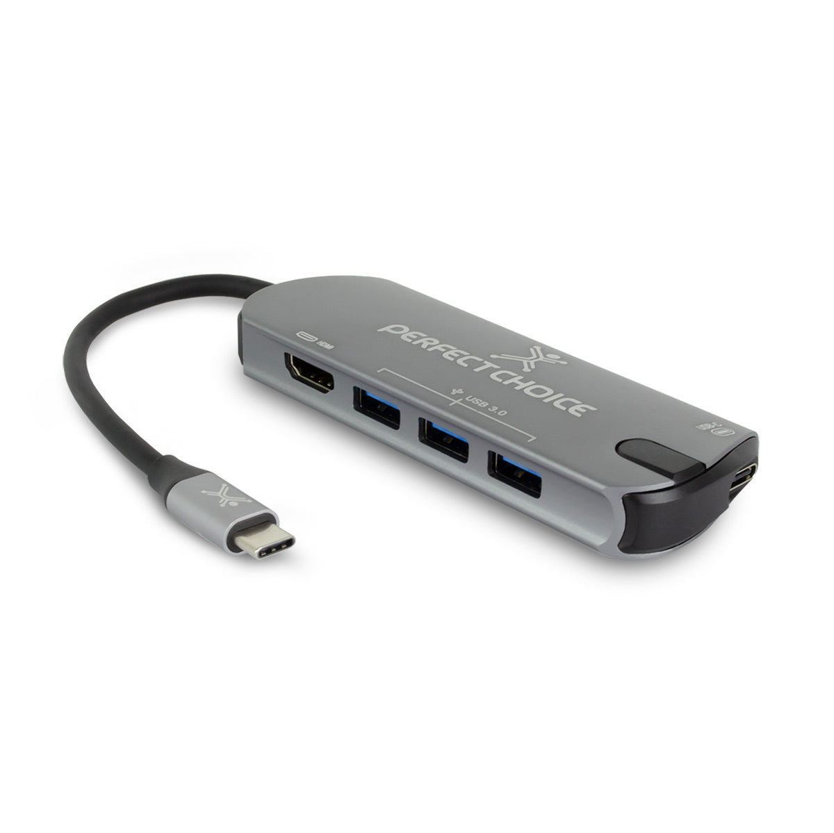 ADAPTADOR HUB CONECTOR USB TIPO C CON 3 PUERTOS USB A HEMBRA / 1 HDMI PERFECT CHOICE - GRIS