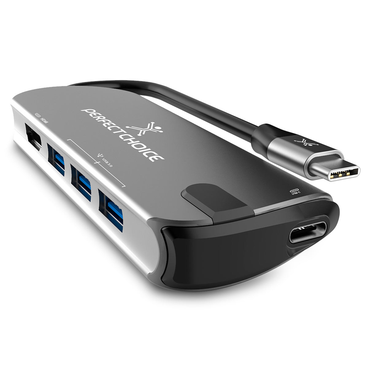 ADAPTADOR HUB CONECTOR USB TIPO C CON 3 PUERTOS USB A HEMBRA / 1 HDMI PERFECT CHOICE - GRIS