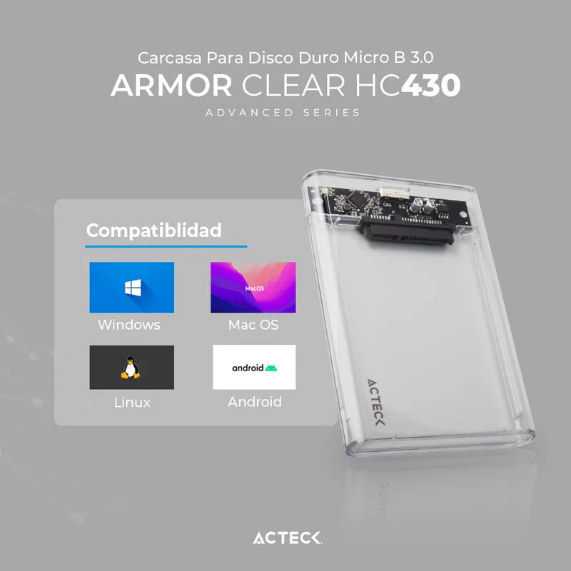 CARCASA CASE ENCLOSURE PARA DISCO DURO ACTECK ARMOR CLEAR HC430 / HDD 2.5 / CONEXION USB MICRO B / SATA / TRANSPARENTE / AC-934688