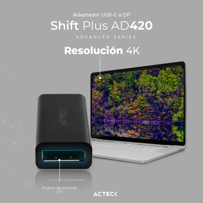 ADAPTADOR ACTECK SHIFT PLUS AD420 / USB C - DISPLAYPORT / 4K / 10 CM / NEGRO / AC-934718