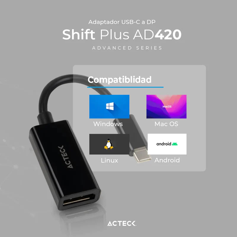 ADAPTADOR ACTECK SHIFT PLUS AD420 / USB C - DISPLAYPORT / 4K / 10 CM / NEGRO / AC-934718