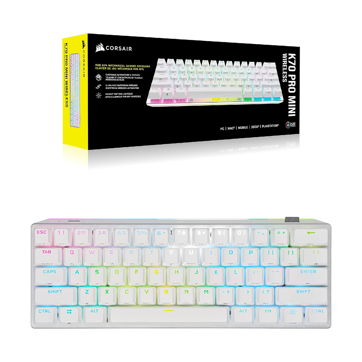 TECLADO MECANICO CORSAIR K70 PRO MINI WIRELESS RGB,60%,SWITCH CHERRY MX RED,BLANCO