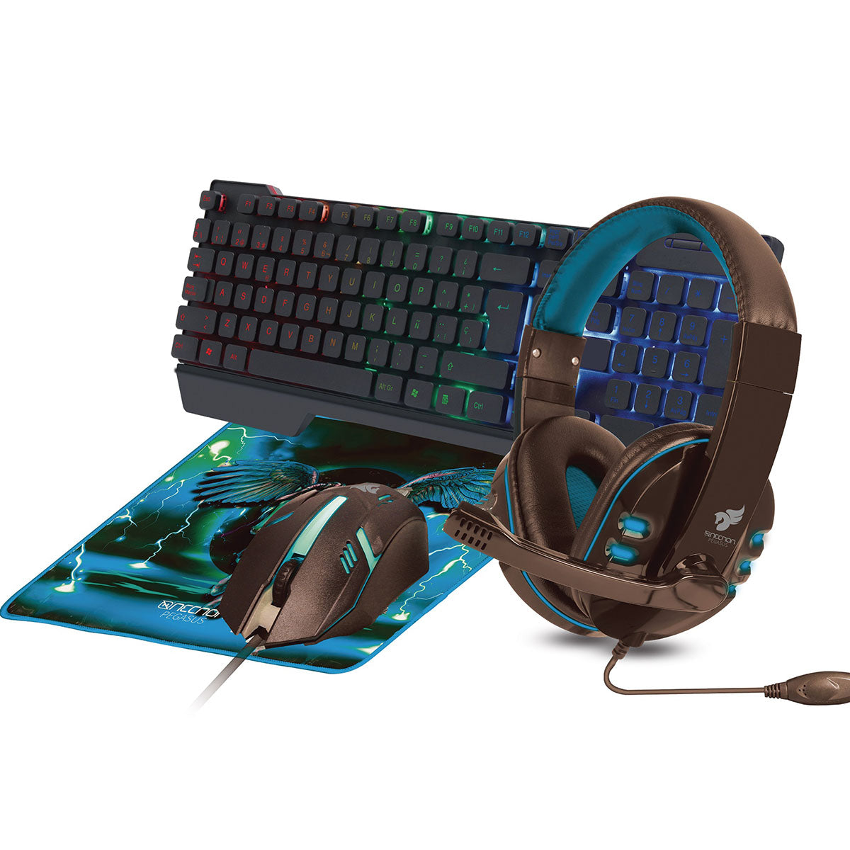 KIT GAMING 4 EN 1 NECNON TECLADO COMP LETO,DIADEMA,MOUSEPAD,MOUSE 1000DPI,AZUL